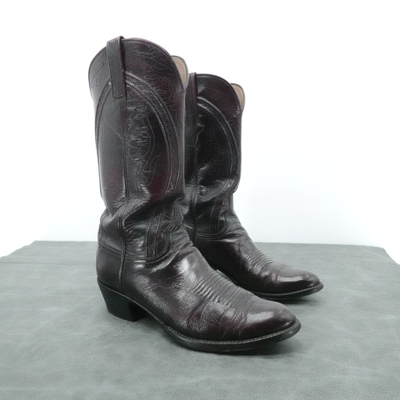 Vintage Lucchese Boots Mens 8.5D‎ Black Cherry Embosed Goat Leather Round Toe